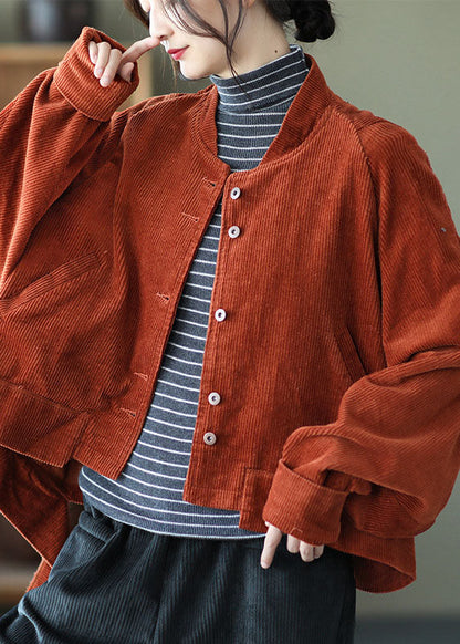 Caramel Pockets Button Asymmetrical Design Fall Corduroy Coat