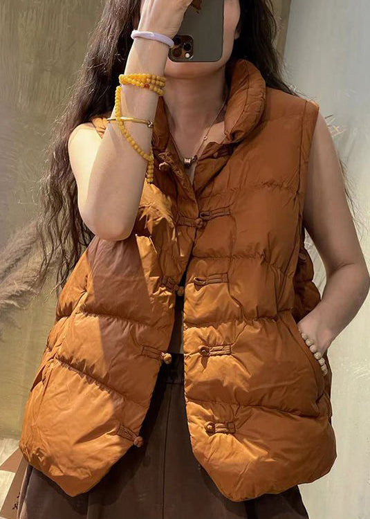 Caramel Stand Collar Button Pockets Cotton Filled Waistcoat Sleeveless