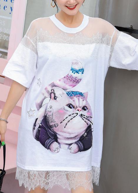 Cartoon Print Cotton Tunics Inspiration White Patchwork Lace Dresses Summer