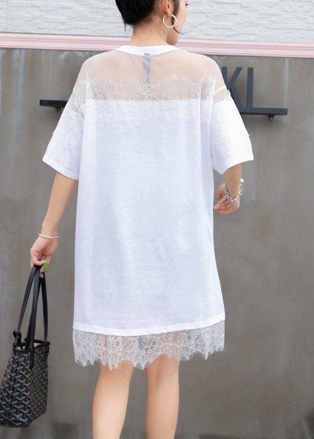 Cartoon Print Cotton Tunics Inspiration White Patchwork Lace Dresses Summer
