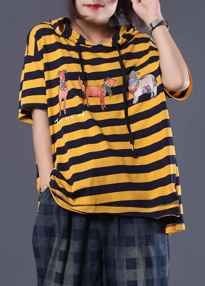 Cartoon Print Cotton Top Silhouette Neckline Yellow Striped Shirt Summer
