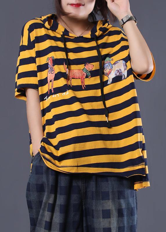 Cartoon Print Cotton Top Silhouette Neckline Yellow Striped Shirt Summer
