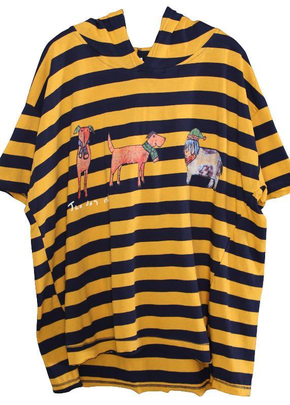 Cartoon Print Cotton Top Silhouette Neckline Yellow Striped Shirt Summer