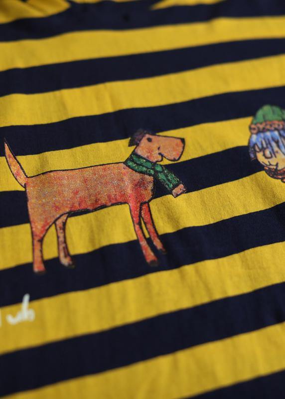 Cartoon Print Cotton Top Silhouette Neckline Yellow Striped Shirt Summer