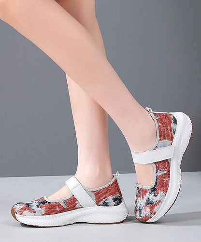 Blue Denim Fabric Print Flat Feet Shoes Buckle Strap
