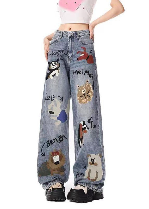 Blue Graffiti Pockets Denim Wide Leg Pants Spring