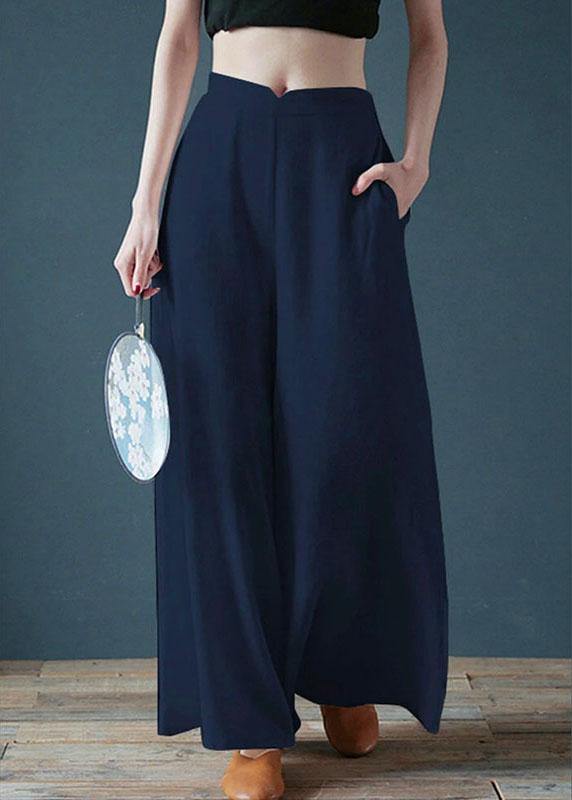 Cotton Back Elastic Waist Loose Wide Leg Pants With Side Pockets