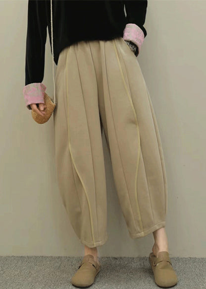 Grey Pockets Elastic Waist Patchwork Cotton Pants Spring