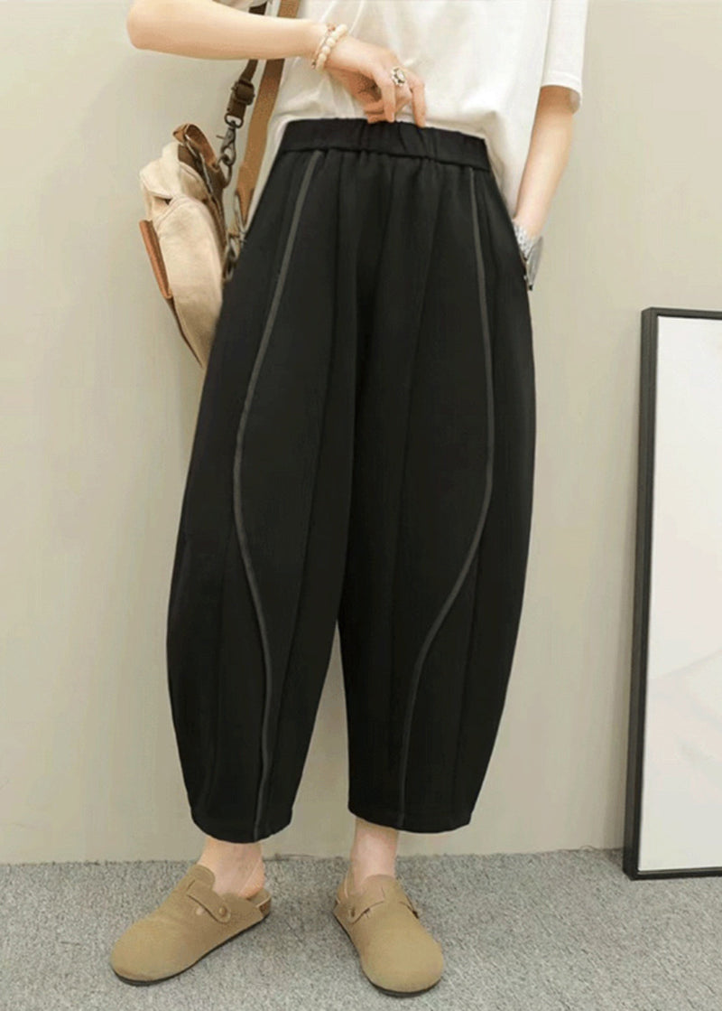 Grey Pockets Elastic Waist Patchwork Cotton Pants Spring
