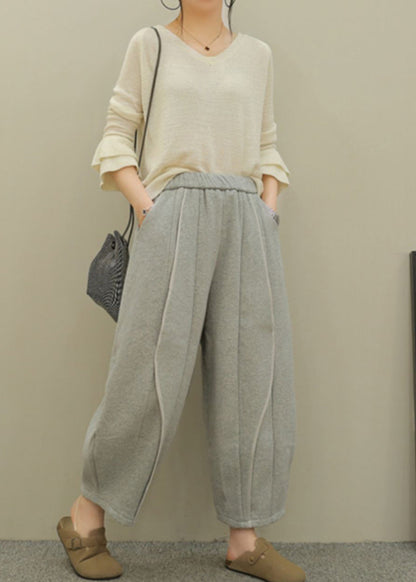 Grey Pockets Elastic Waist Patchwork Cotton Pants Spring
