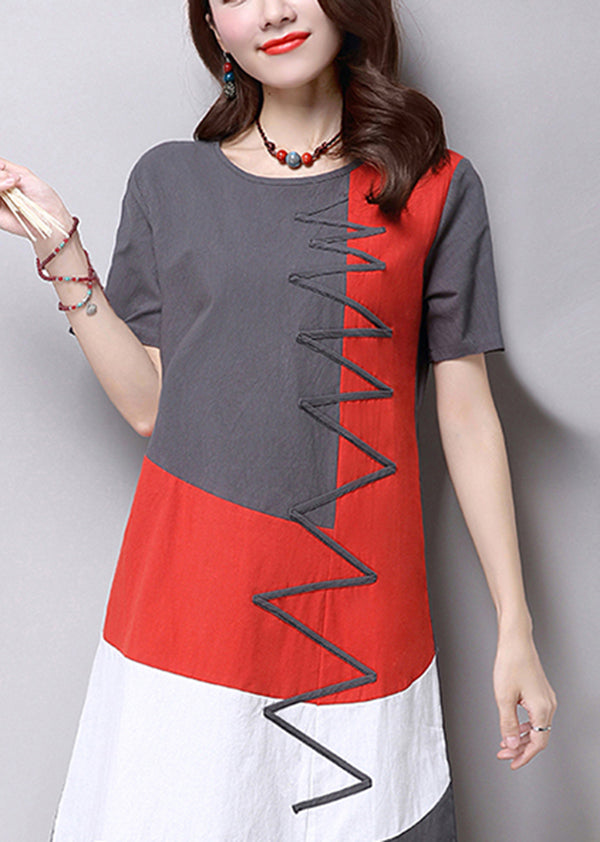 Short Sleeve Splice Loose O-neck Mid Long Dress