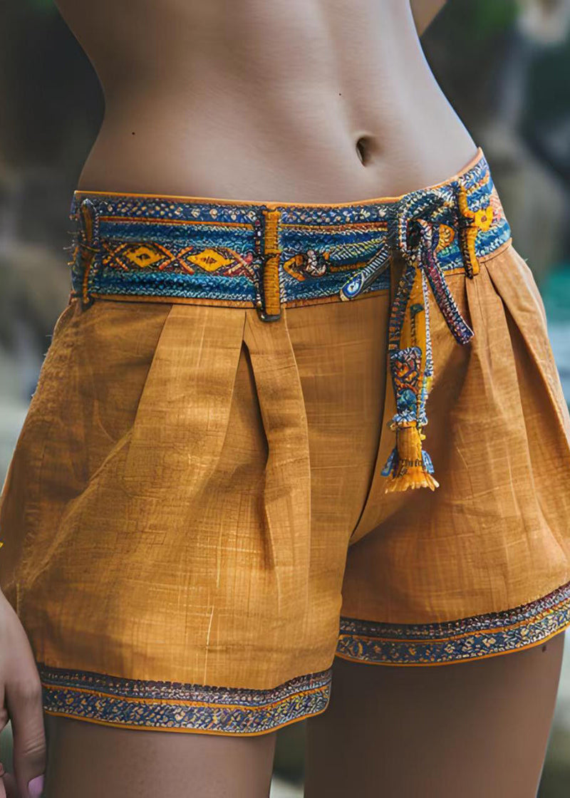 Yellow Patchwork Cotton Shorts Summer