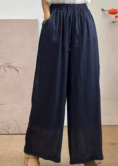 Yellow Pockets Elastic Waist Linen Pants Summer