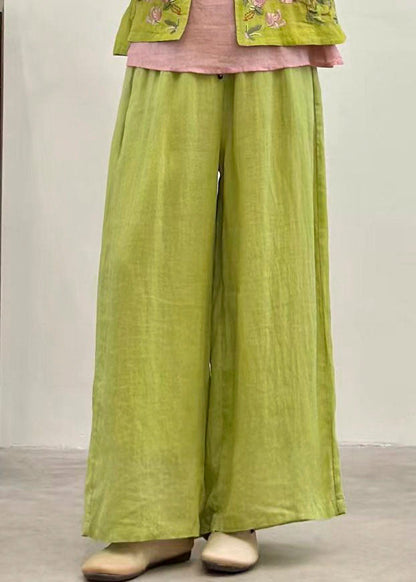 Yellow Pockets Elastic Waist Linen Pants Summer