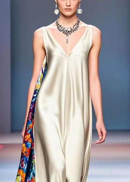 Champagne Asymmetrical Patchwork Print Silk Long Dress Sleeveless