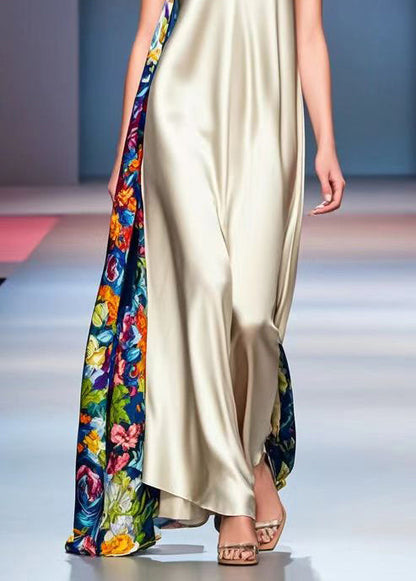 Champagne Asymmetrical Patchwork Print Silk Long Dress Sleeveless