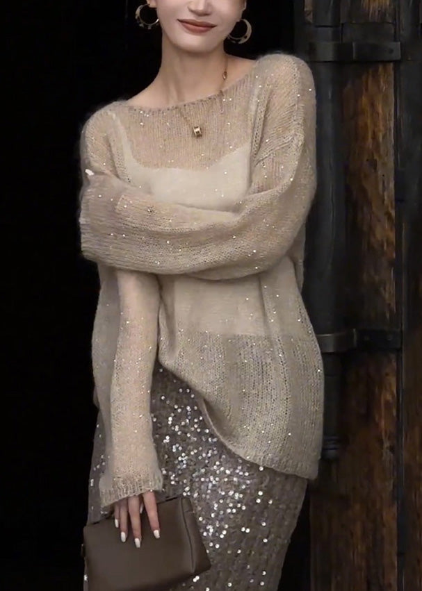Women Champagne Color O Neck Sequins Thin Knit Top Spring