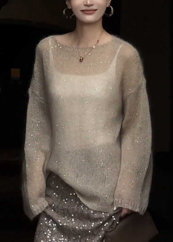 Women Champagne Color O Neck Sequins Thin Knit Top Spring