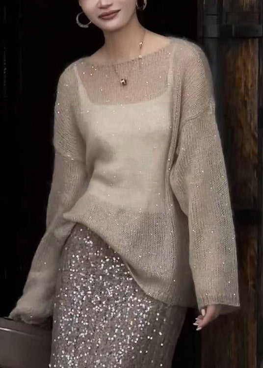 Champagne Color O Neck Sequins Thin Knit Top Spring
