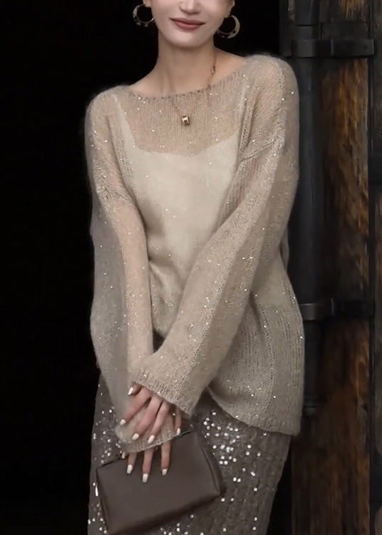 Women Champagne Color O Neck Sequins Thin Knit Top Spring