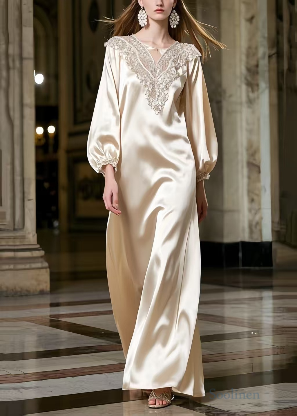 Champagne Lace Neck Draping Silk Robe Dresses Spring