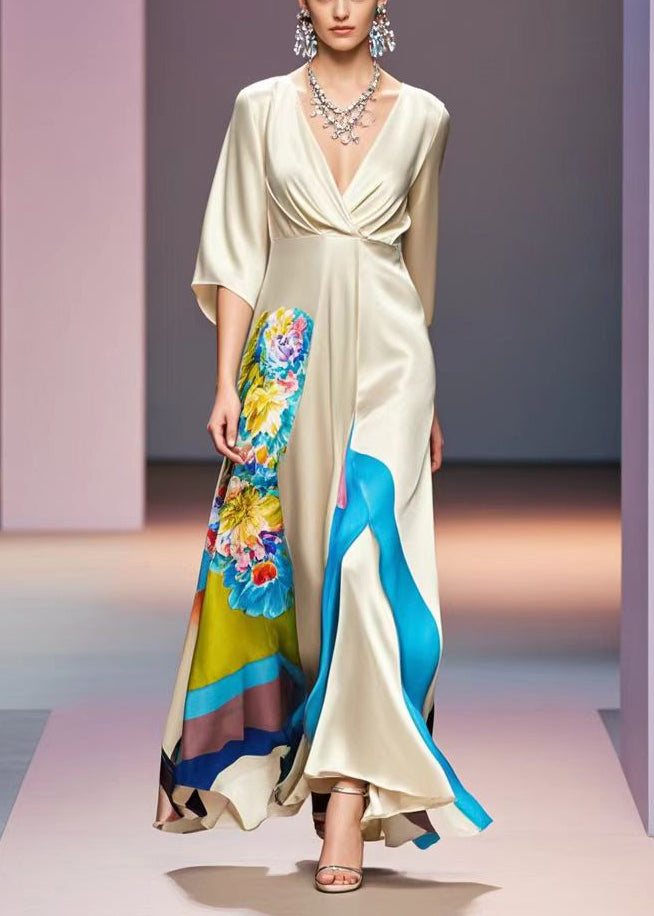 Champagne V Neck Print Silk Robe Dresses Bracelet Sleeve