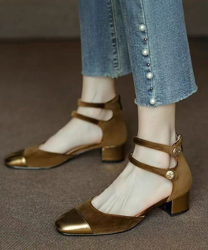 Champagne Velour Splicing Cowhide Leather Chunky Sandals