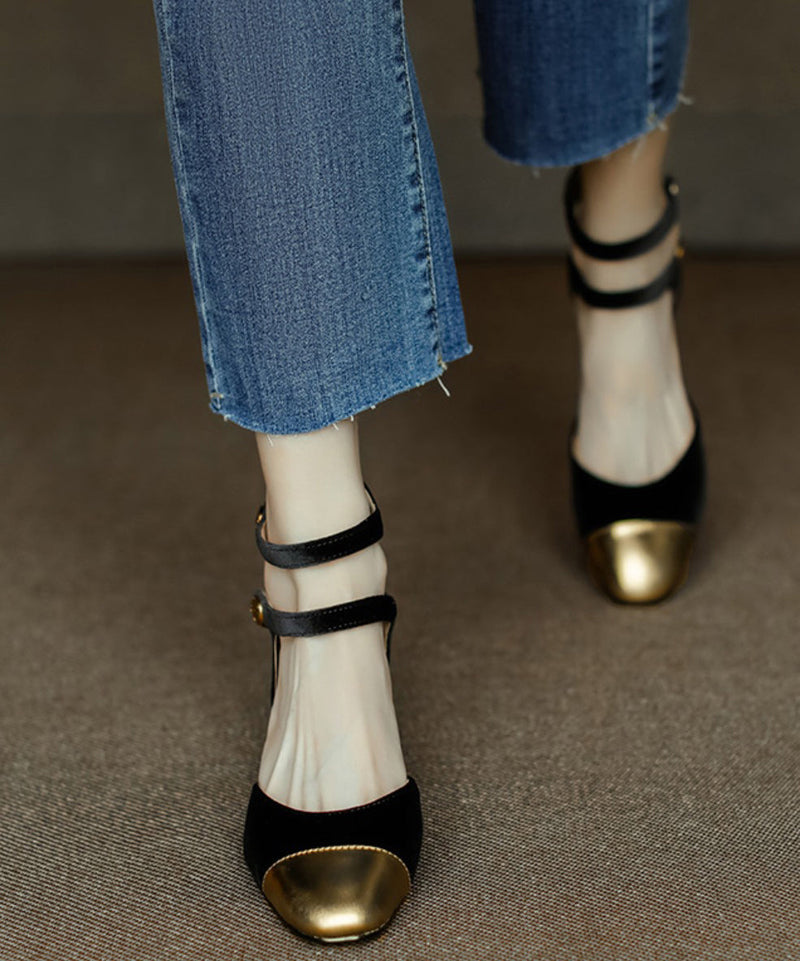Champagne Velour Splicing Cowhide Leather Chunky Sandals