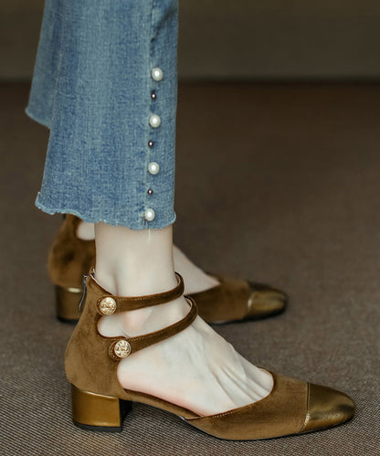 Champagne Velour Splicing Cowhide Leather Chunky Sandals