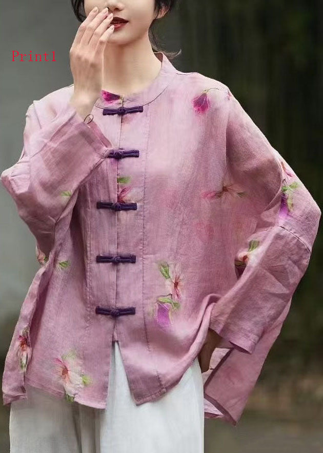 Chinese Button Print Linen Shirt Top Long Sleeve