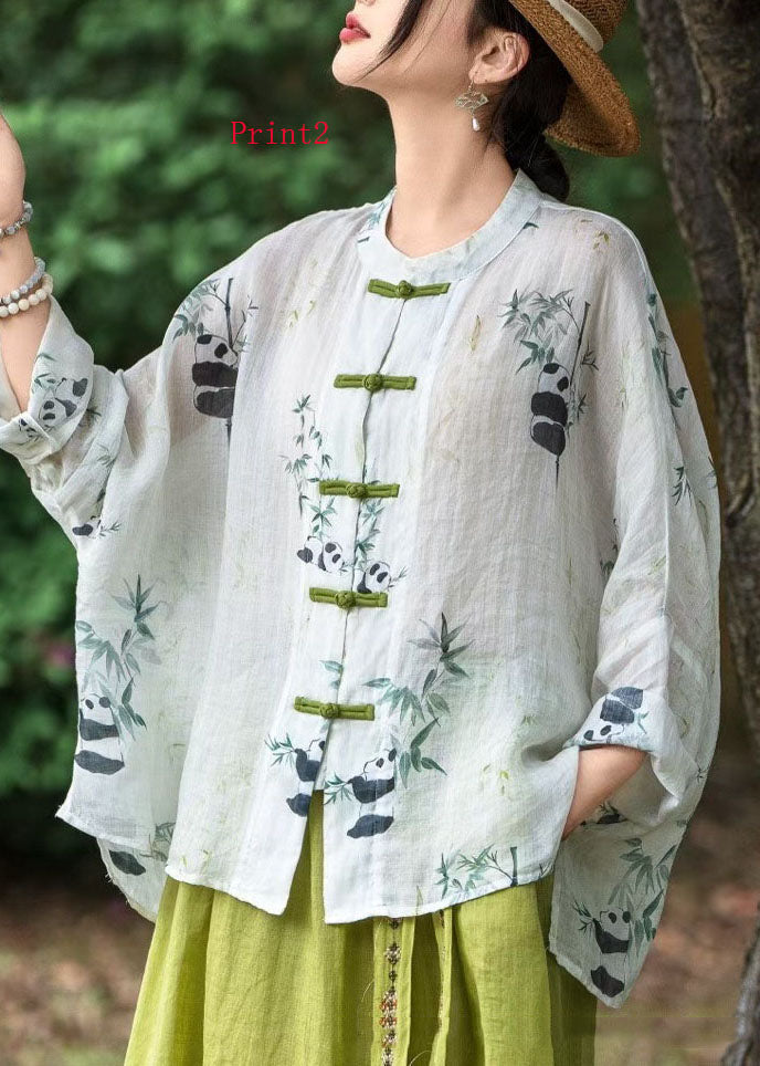Chinese Button Print Linen Shirt Top Long Sleeve