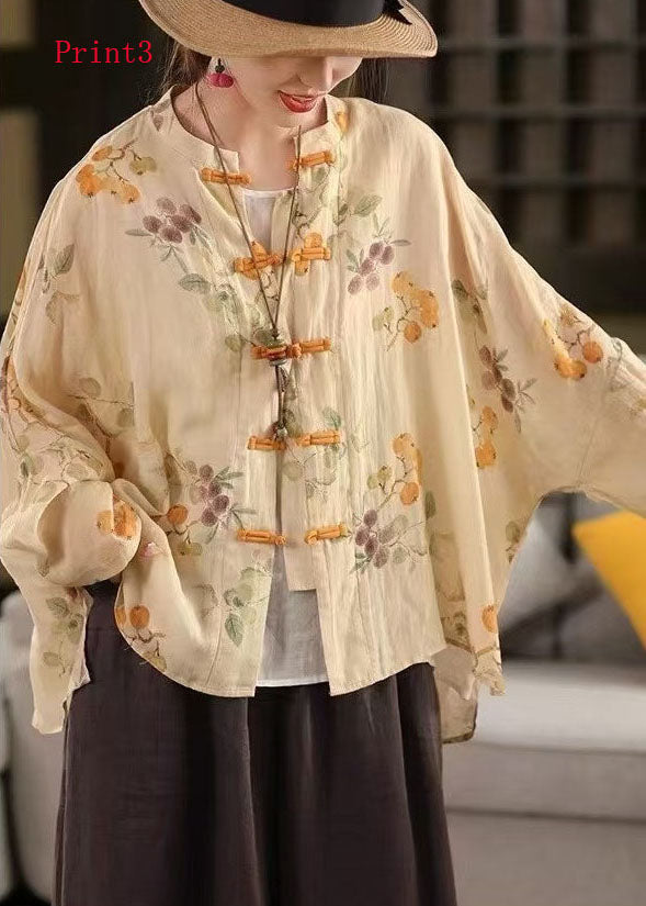 Chinese Button Print Linen Shirt Top Long Sleeve