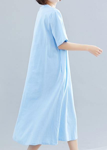 Chinese Button Cotton Tunics Shape Blue a Line Dress Summer