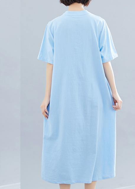 Chinese Button Cotton Tunics Shape Blue a Line Dress Summer