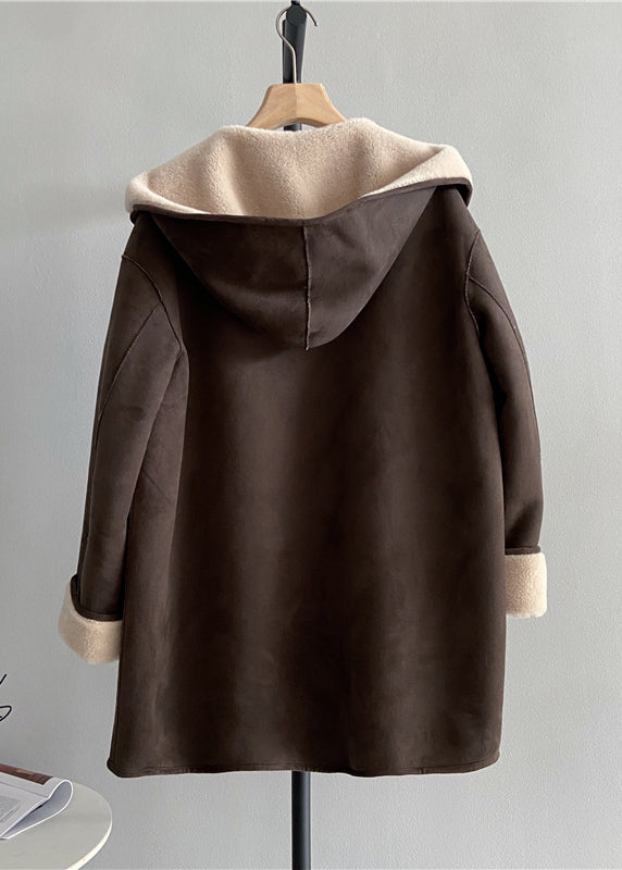 Chocolate Button Woolen Hoodie Coat Wear on Both Sides Winter