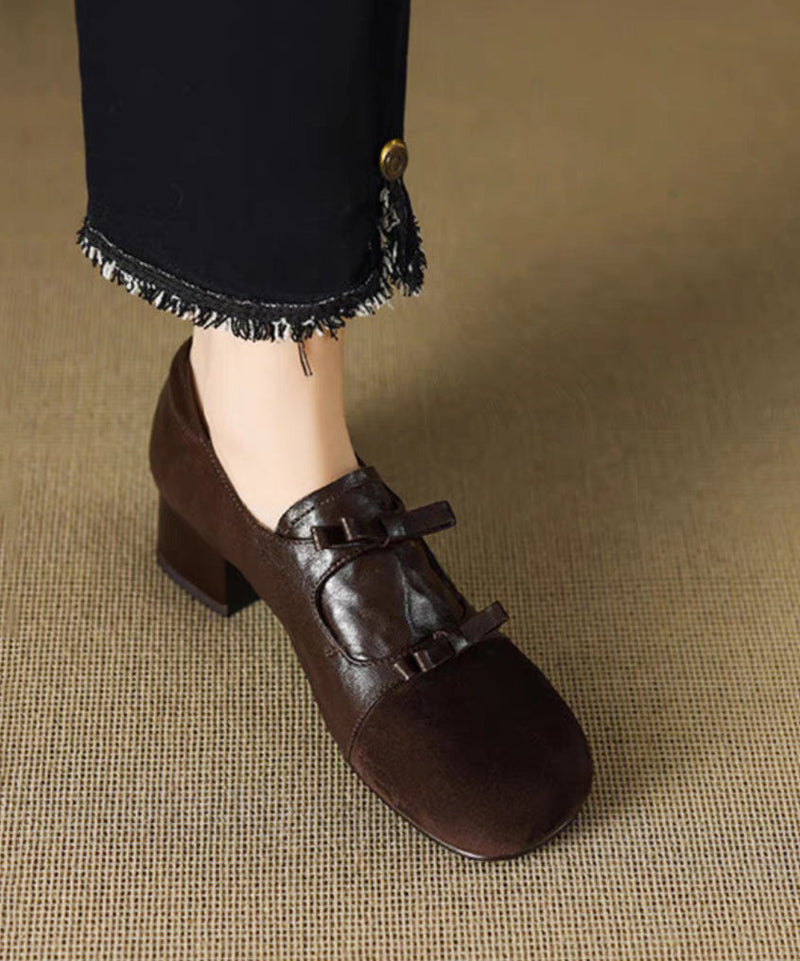 Chocolate Chunky Suede Bow Splicing Loafers