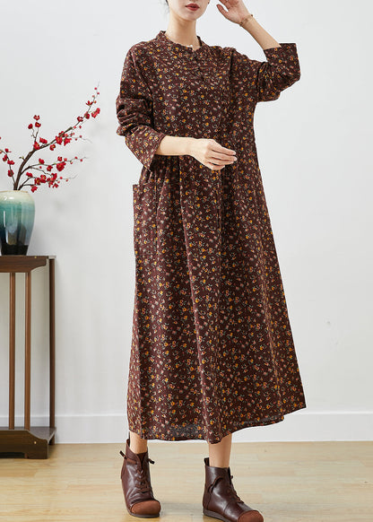 Chocolate Cinched Print Pockets Cotton Dresses Fall