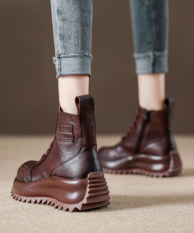 Chocolate Cowhide Leather Lace Up Splicing Boots