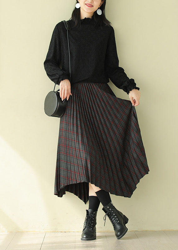 Chocolate Elastic Waist Asymmetrical Design Plaid Cotton Skirt Fall