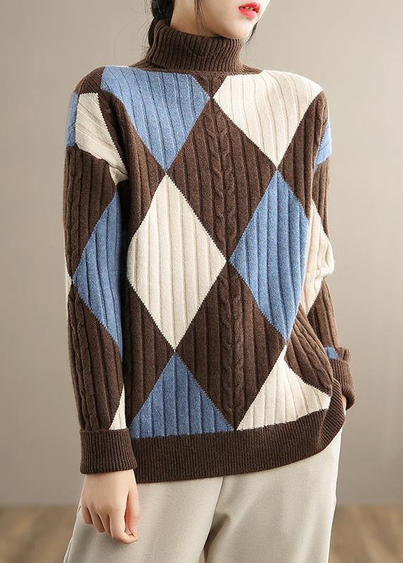 Chocolate Green Plaid Sweaters High Neck Clothes