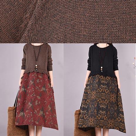 Chocolate Patchwork Print Clothes O Neck Loose Spring Dress