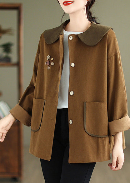 Chocolate Peter Pan Collar Patchwork Cotton Coat Spring