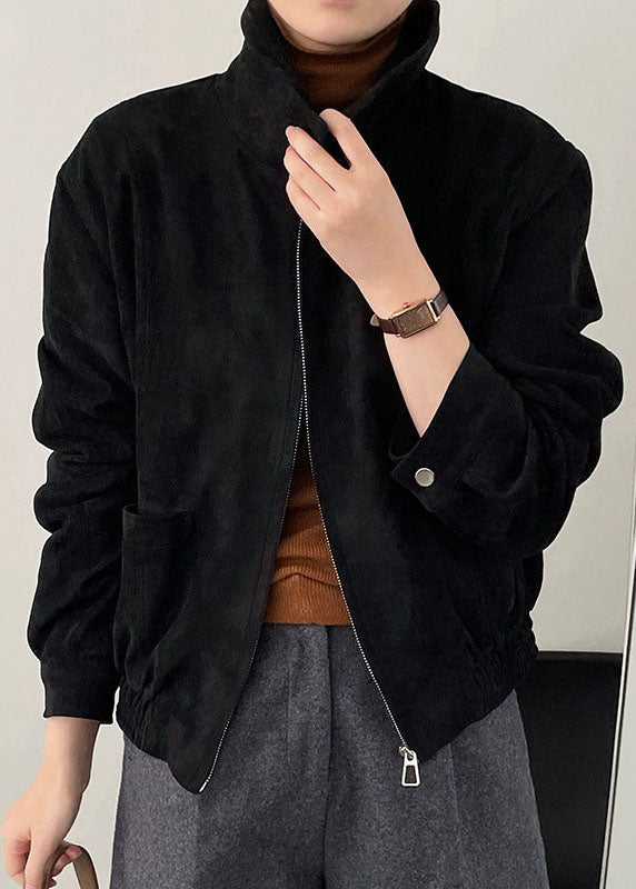 Chocolate Zip Up Pockets Patchwork Faux Suede Coat Long Sleeve