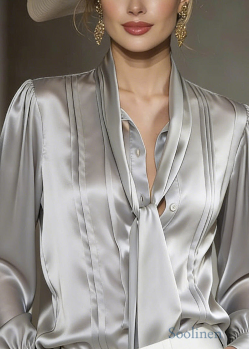 Classy Grey Lace Up Wrinkled Silk Blouses Spring