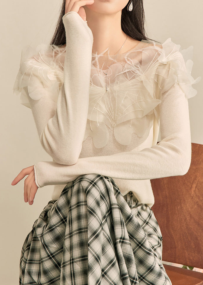 Classy White Patchwork Knit Top Spring