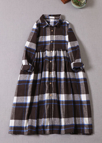 Chocolate Blue Plaid Button Cotton Dress Winter