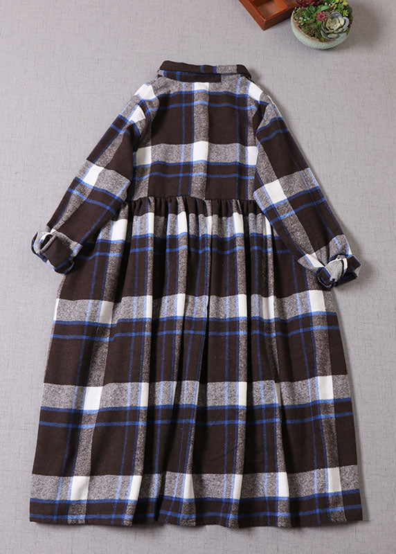 Chocolate Blue Plaid Button Cotton Dress Winter