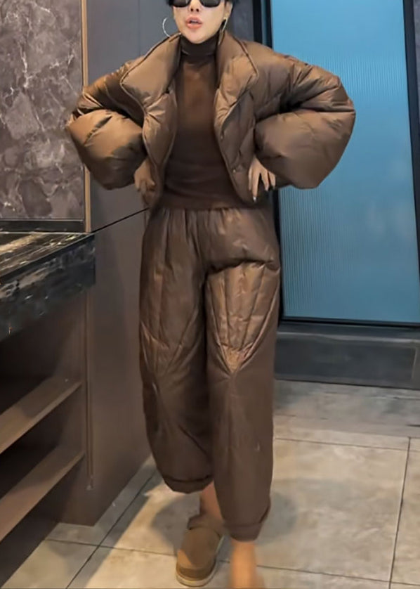 Coffee Button Coat and Crop Pants Cotton Filled Two Pieces Set Spring
