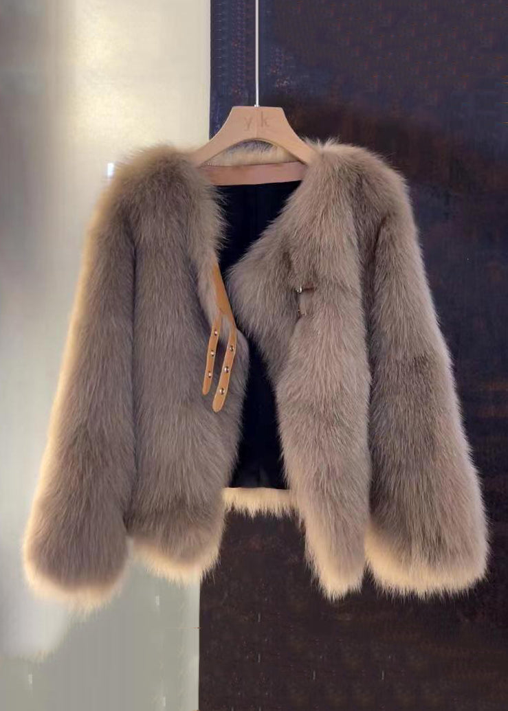 Coffee Button Leather and Fur Coat Long Sleeve