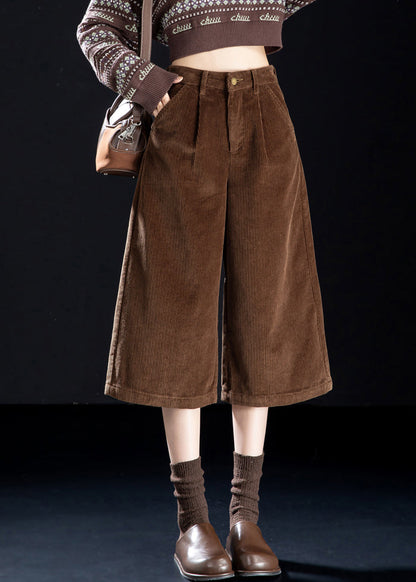 Coffee Button Pockets High Waist Corduroy Wide Leg Pants Spring